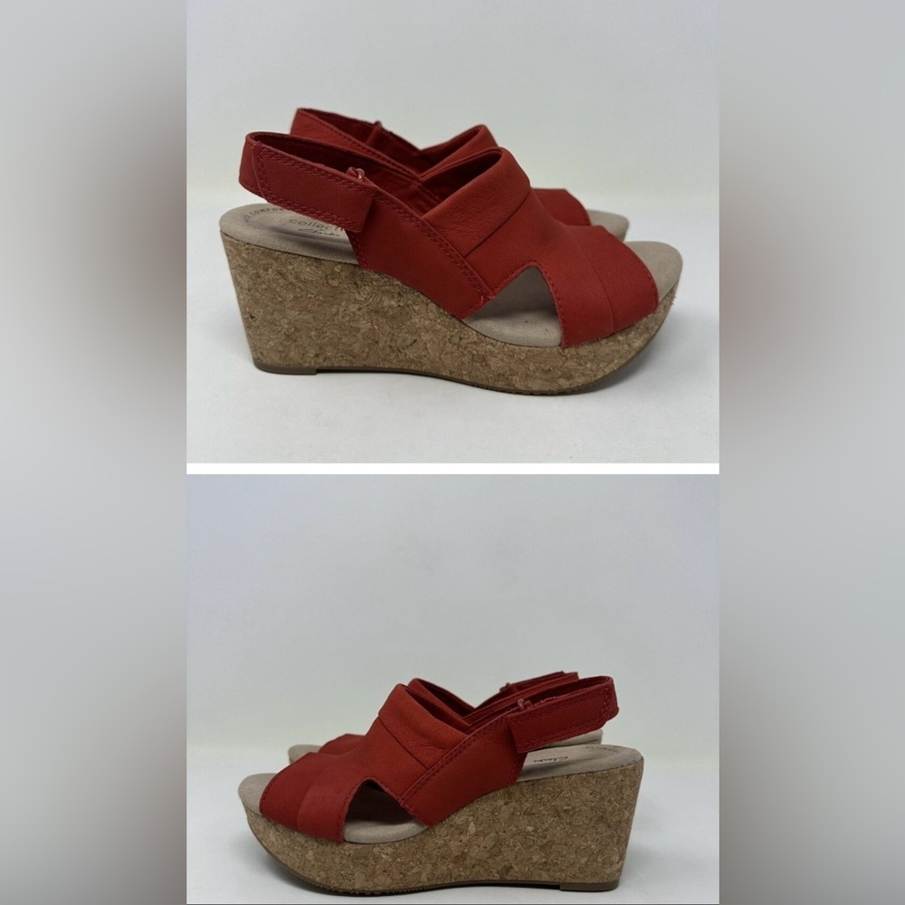 Clarks Collection Sandals 6.5M Annadel Ivory Strappy Wedge Heels Red Cork